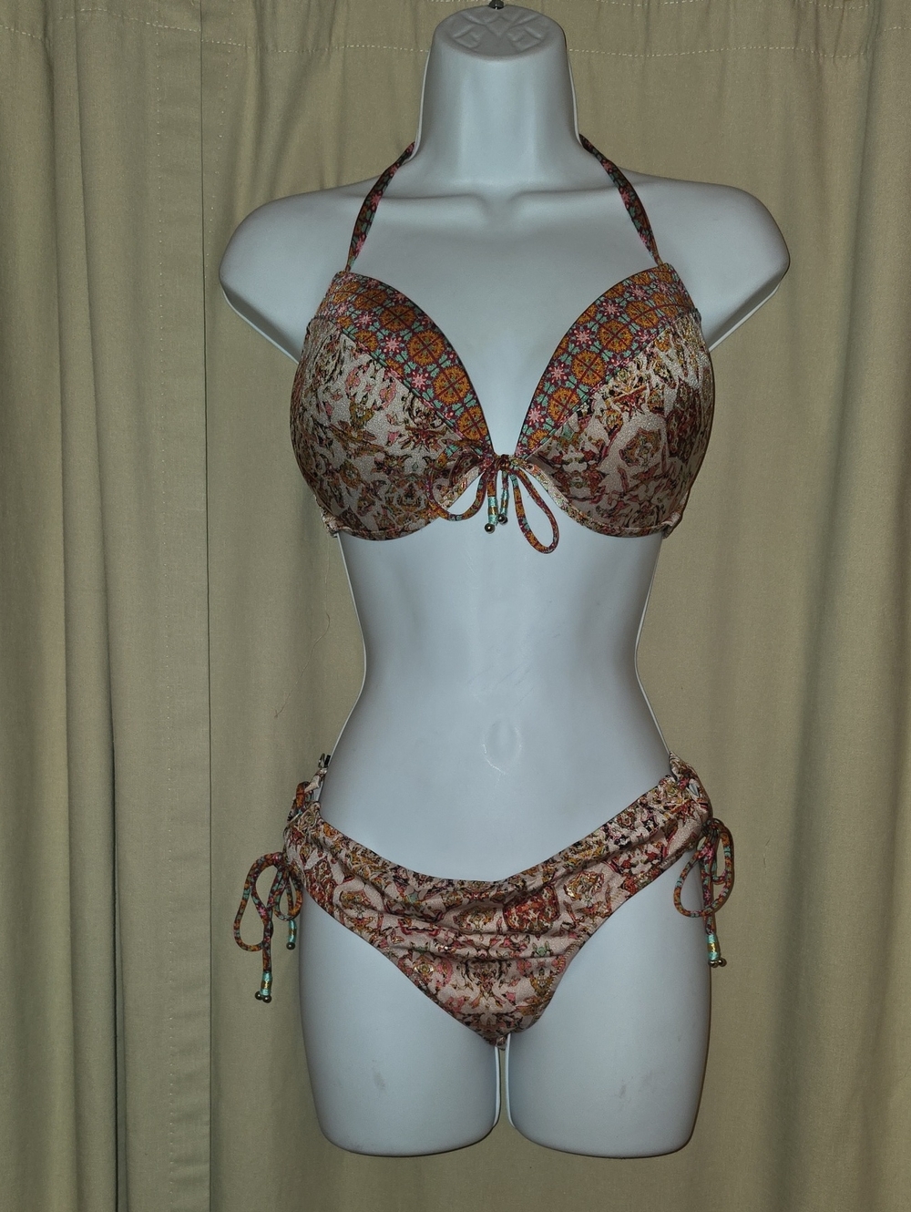 Victoria's Secret Beige Multi Floral Halter Bikini 34 DD / LARGE